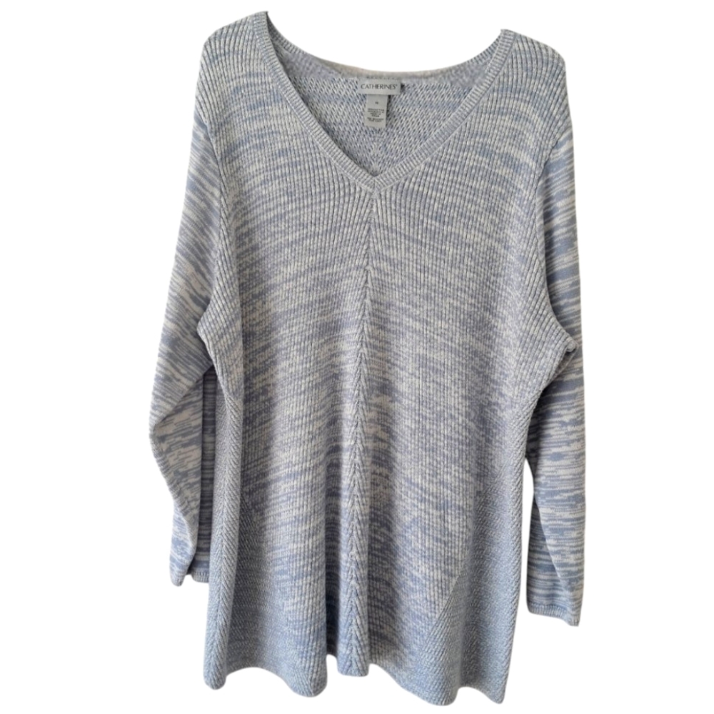 Catherines 1X Knit Tunic Sweater Blue & White V-Neck Warm & Comfy Relaxed Fit